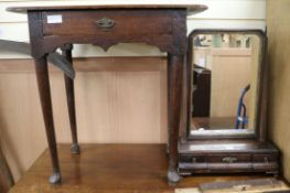 An early 18th century mahogany toilet mirror and an oak lowboy, lowboy W.70cm