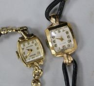 A lady's 14ct gold Gruen watch and a lady's 9ct gold Zenith watch.