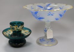 A 19th century Continental frosted and overlaid glass centrepiece and an enamelled green glass