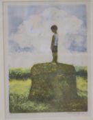 Marianne Ockinga, linocut, child on a haystack, signed in pencil, 26 x 19cm