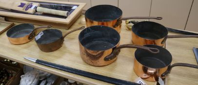 A matched set of six copper pans