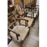 Four assorted Victorian rush seat elbow chairs