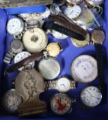 A box of assorted pocket and wrist watches.