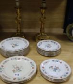 A pair of gilt metal table lamps, 32cm and a part set of Wedgwood plates