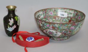 A Cantonese bowl, a boxed seal set and a cloisonne vase