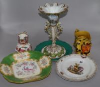 A pair of Meissen plates decorated with birds, 21cm., three English plates, a spill vase and two