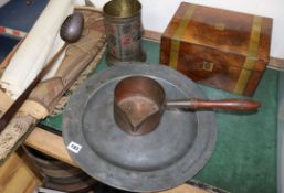 A Victorian walnut writing slope, a pewter charger and sundries