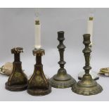 Three assorted pairs of candlesticks, largest 24.5cm