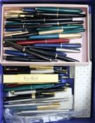 A large collection of post war Parker fountain pens, ball point pens and pencils