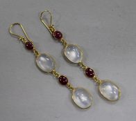 A pair of 14ct gold, ruby and moonstone drop earrings, 52mm.