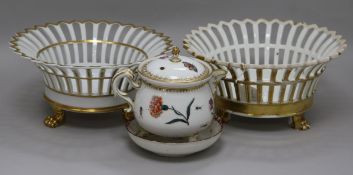 A 19th century Meissen jug and cover, cracked, 12.5cm., a Berlin gilt porcelain basket, another