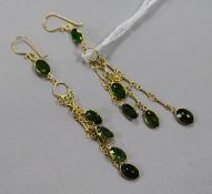 A pair of 14ct gold and diopside drop earrings, 44mm.