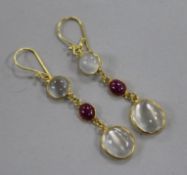 A pair of 14ct gold, ruby and moonstone drop earrings, 33mm.