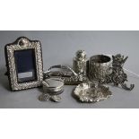 A miniature embossed white metal mug and sundry small silver etc., including a small easel