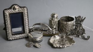 A miniature embossed white metal mug and sundry small silver etc., including a small easel