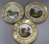 Three 19th century Derby plates, painted with named views, In Germany, On the River Derwent and Near