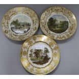 Three 19th century Derby plates, painted with named views, In Germany, On the River Derwent and Near