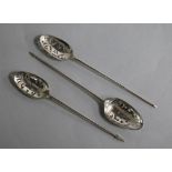 Three 18th century silver mote spoons, including one by James Wilks?, approx 13.7cm.