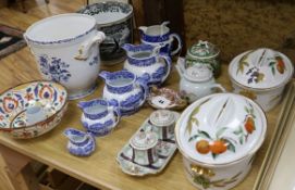 A group of assorted ceramics including a pair of Worcester tureens, three ceramic sauce labels and