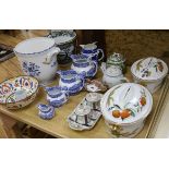 A group of assorted ceramics including a pair of Worcester tureens, three ceramic sauce labels and