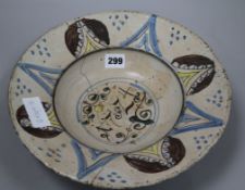 An 18th century German faience bowl, dated 1724, 30.4cm.