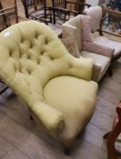 A Victorian walnut button back armchair, a child's wing armchair and a nursing chair