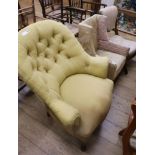 A Victorian walnut button back armchair, a child's wing armchair and a nursing chair