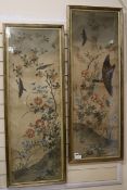 A pair of Japanese watercolours on crepe paper panels depicting birds and flowers, 109 x 36cm