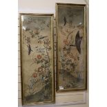 A pair of Japanese watercolours on crepe paper panels depicting birds and flowers, 109 x 36cm