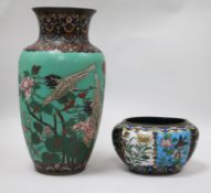 A Japanese green ground cloisonne enamel vase and a Japanese cloisonne enamel lobed bowl, 30cm and