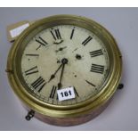 A 19th century brass and copper ship's bulkhead clock, 7 inch diameter painted dial