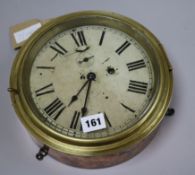 A 19th century brass and copper ship's bulkhead clock, 7 inch diameter painted dial