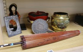 A group of assorted Japanese ornaments including a copper overlaid vase