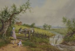 Horace Millburne, pair of watercolours, children beside streams, signed, 24 x 34cm