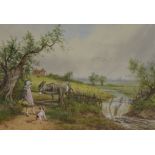 Horace Millburne, pair of watercolours, children beside streams, signed, 24 x 34cm