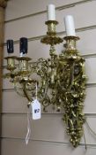 Pair of Victorian gilt brass 4-branch wall lights, rewired for electricity H.42cm