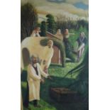 Modern British, oil on canvas board, figures in a garden, 57 x 37cm