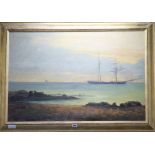 Joseph Rousse, oil on canvas, Schooner of the coast, signed and dated 1884, 59 x 90cm