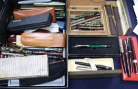 A box of mixed fountain pens and pencils etc, including Waterman, Cross etc