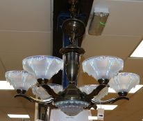 A 1930's French bronzed metal and opalescent glass light fitting
