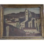 George D. Aked (1907-1989), oil on canvas, Hill town, label verso, 35 x 45cm