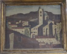 George D. Aked (1907-1989), oil on canvas, Hill town, label verso, 35 x 45cm