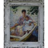 Continental School, oil on canvas board, mother and child on a boat, 49 x 39cm