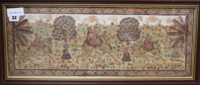 An Indian gouache on silk panel of a procession of camel riders, 22 x 58cm