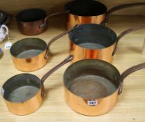 A matched set of six copper pans