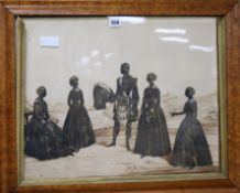 A Victorian gilt painted and cut paper silhouette of a Scotsman and four ladies standing in a