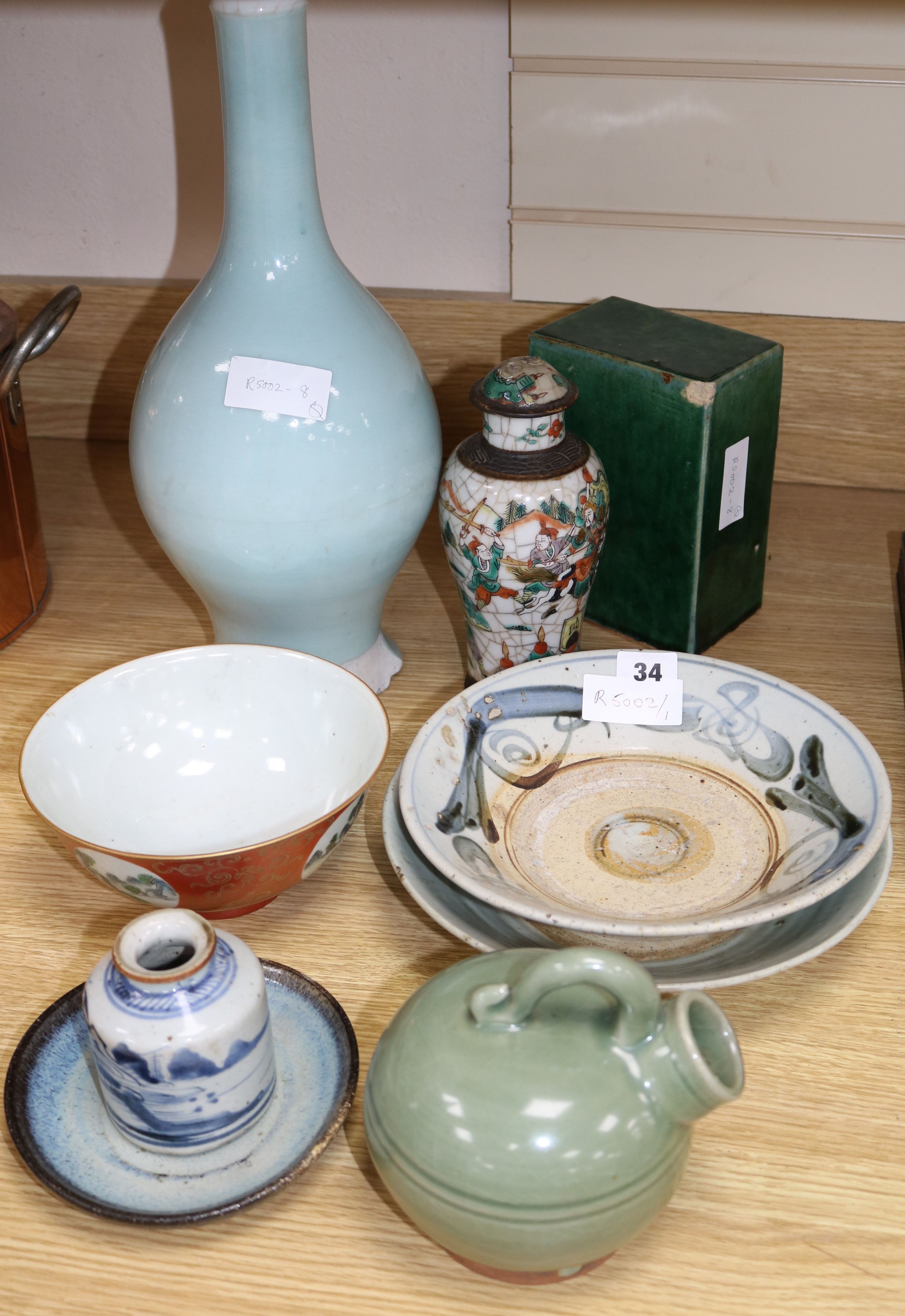 A Chinese claire-du-lune glazed bottle vase, a coral ground bowl and other Qing dynasty ceramics,