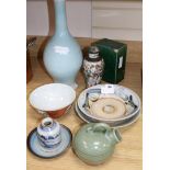 A Chinese claire-du-lune glazed bottle vase, a coral ground bowl and other Qing dynasty ceramics,