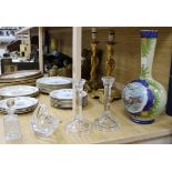 A Continental milk vase, 37cm, a Sevres glass bowl, a pair of glass candlesticks and a glass scent
