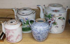 Three Chinese porcelain tea kettles and a blue and white wine pot, largest 21cm